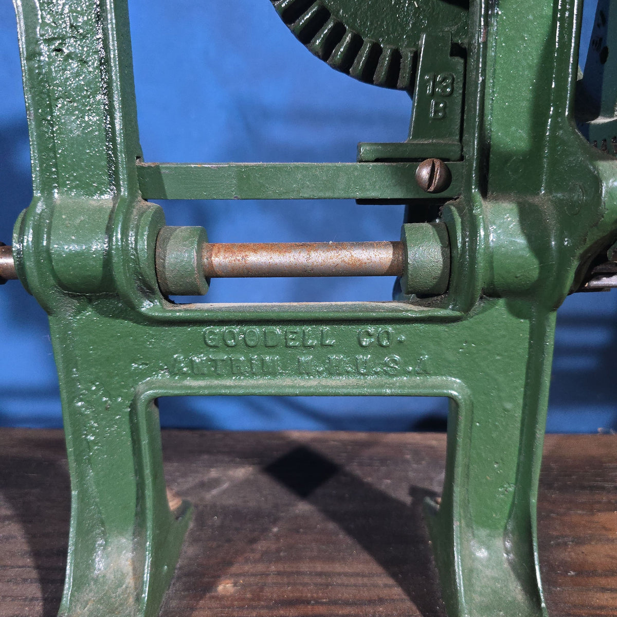 Antique Bonanza Cast Iron Apple Parer, Manufactured by Goodell Co., Antrim, New Hampshire, U.S.A., Mounted on Wood Board