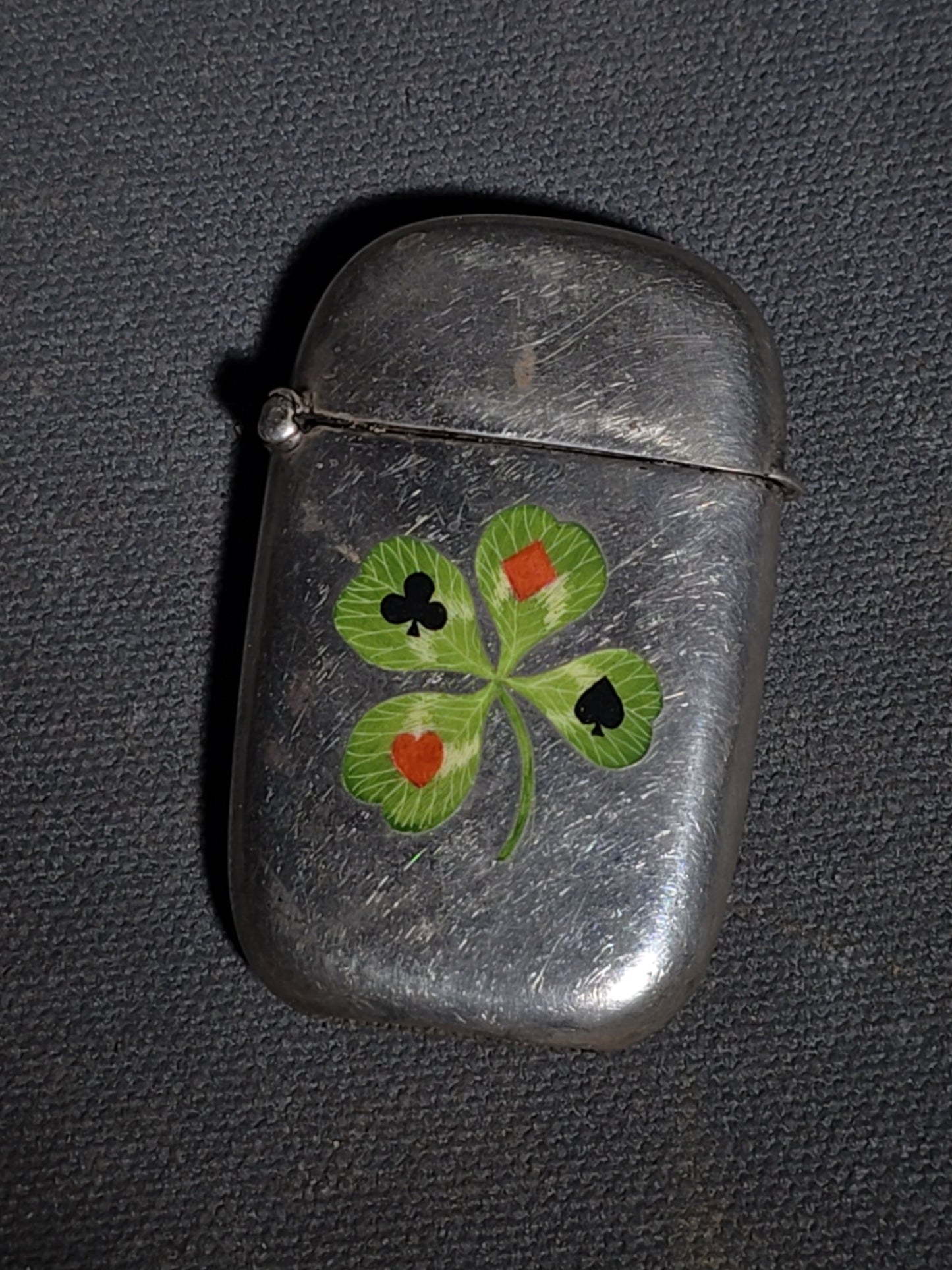Pair of Antique Sterling Silver Match Safes including Art Nouveau Floral Example and Enameled Four-Leaf Clover with Card Suit Symbols