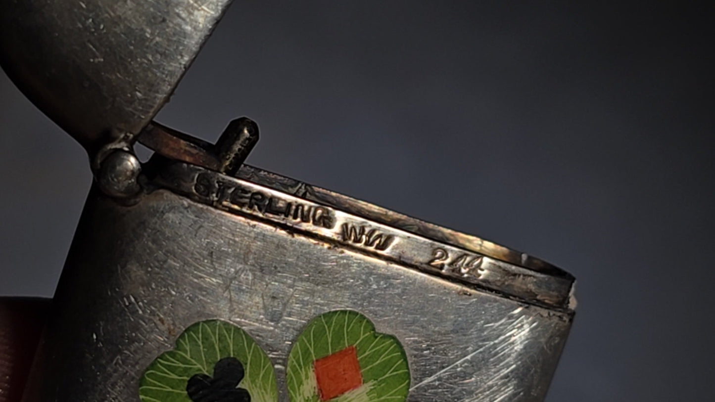 Pair of Antique Sterling Silver Match Safes including Art Nouveau Floral Example and Enameled Four-Leaf Clover with Card Suit Symbols