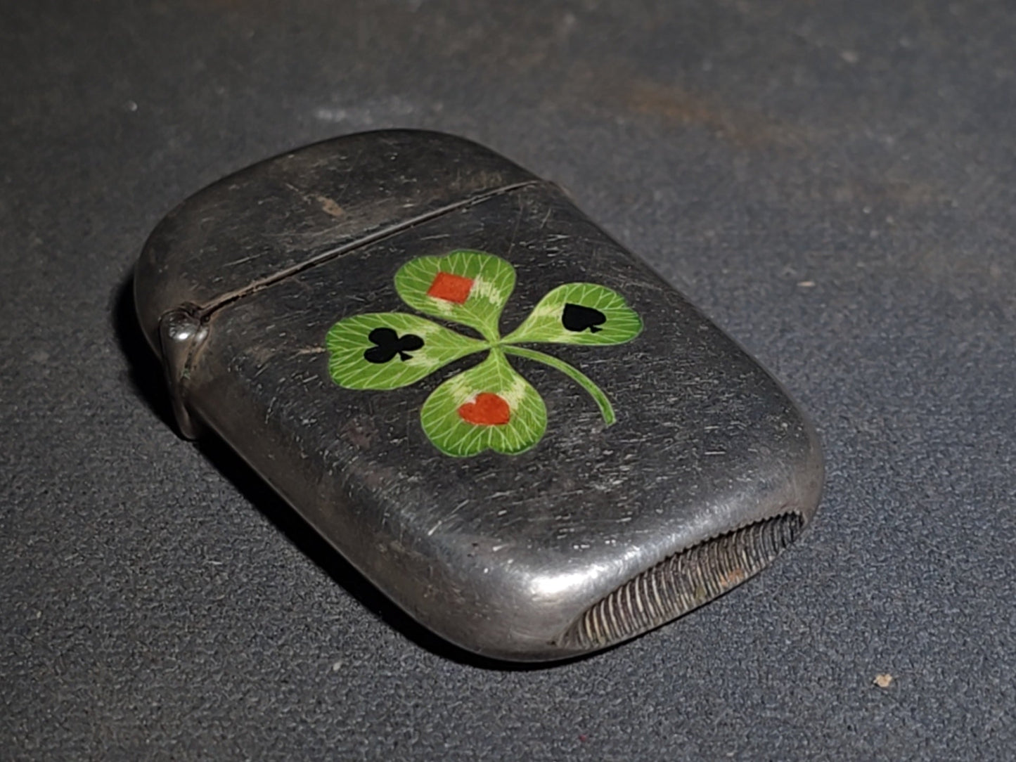 Pair of Antique Sterling Silver Match Safes including Art Nouveau Floral Example and Enameled Four-Leaf Clover with Card Suit Symbols