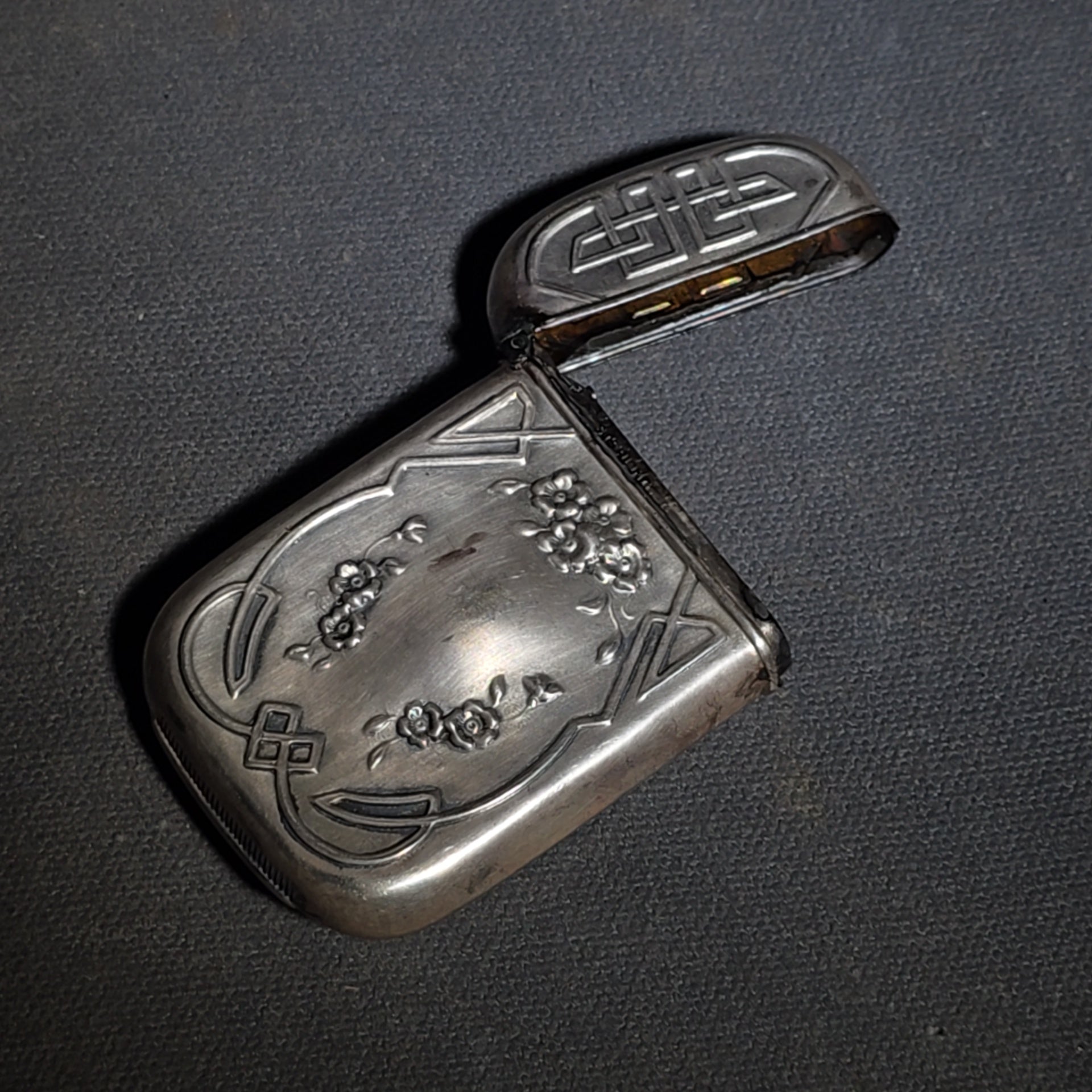 Pair of Antique Sterling Silver Match Safes including Art Nouveau Floral Example and Enameled Four-Leaf Clover with Card Suit Symbols
