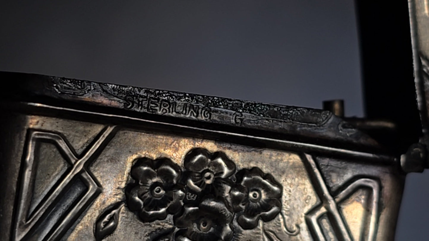 Pair of Antique Sterling Silver Match Safes including Art Nouveau Floral Example and Enameled Four-Leaf Clover with Card Suit Symbols