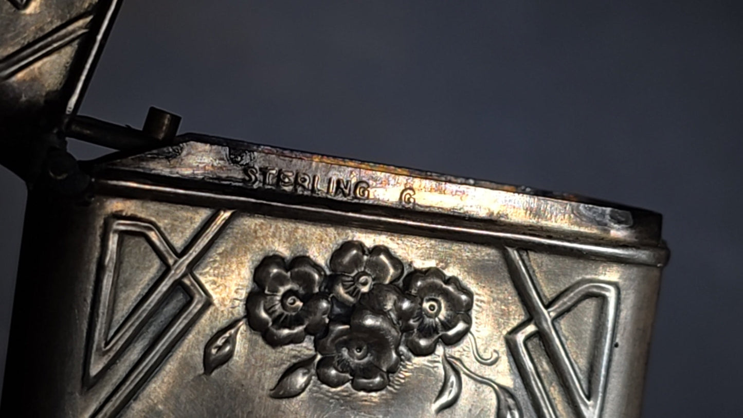 Pair of Antique Sterling Silver Match Safes including Art Nouveau Floral Example and Enameled Four-Leaf Clover with Card Suit Symbols