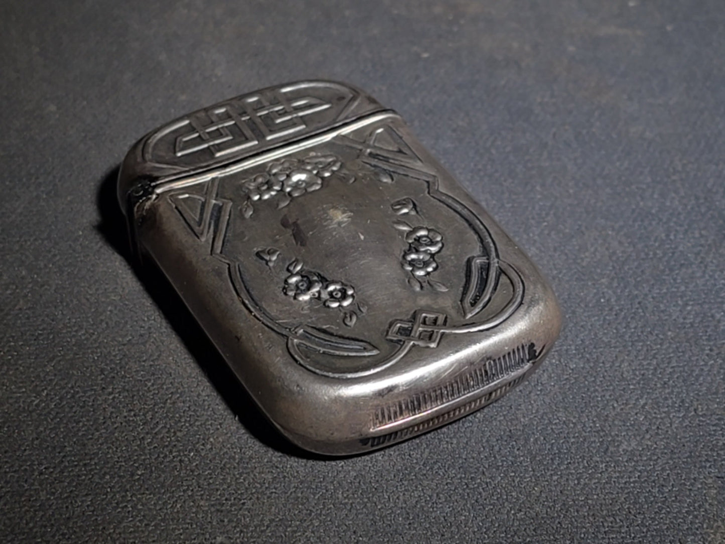 Pair of Antique Sterling Silver Match Safes including Art Nouveau Floral Example and Enameled Four-Leaf Clover with Card Suit Symbols