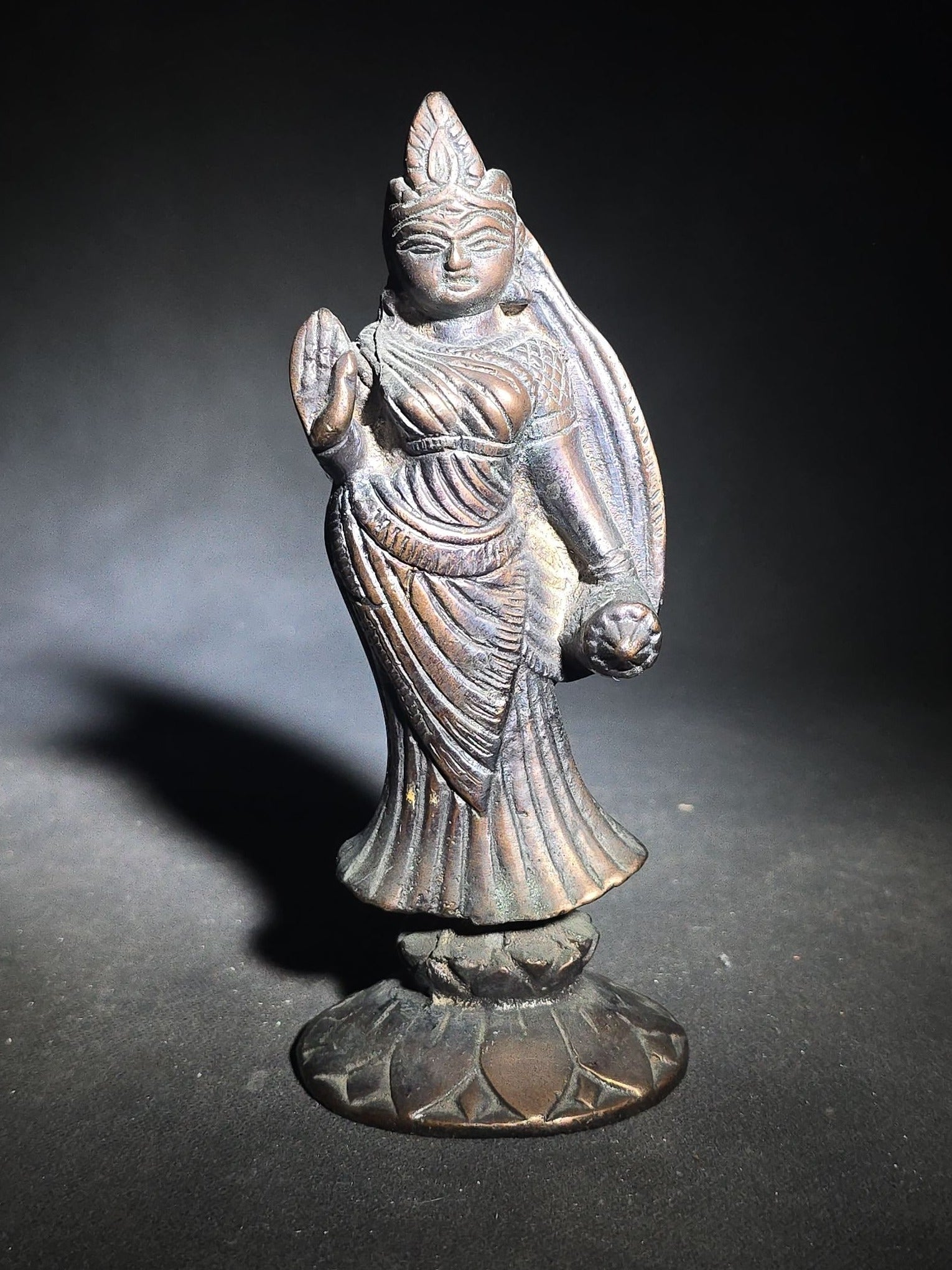 Vintage Cast Bronze Hindu Deity Figure Standing on Lotus Pedestal Base with Abhaya Mudra