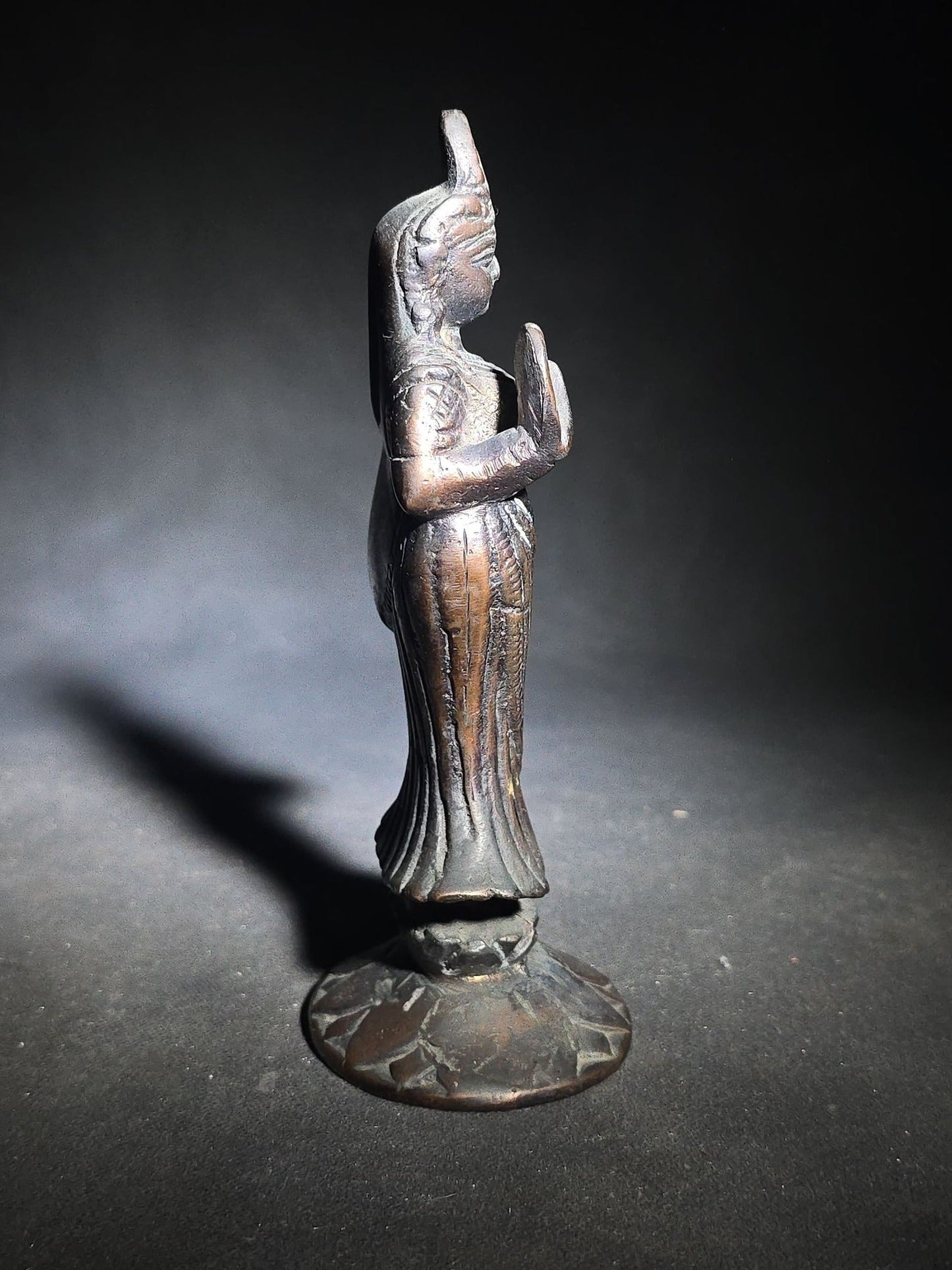 Vintage Cast Bronze Hindu Deity Figure Standing on Lotus Pedestal Base with Abhaya Mudra
