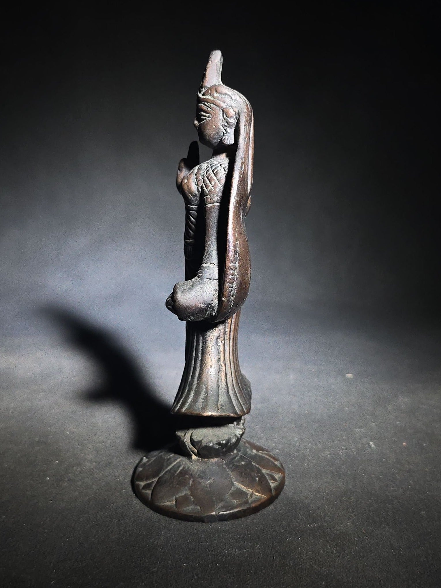 Vintage Cast Bronze Hindu Deity Figure Standing on Lotus Pedestal Base with Abhaya Mudra