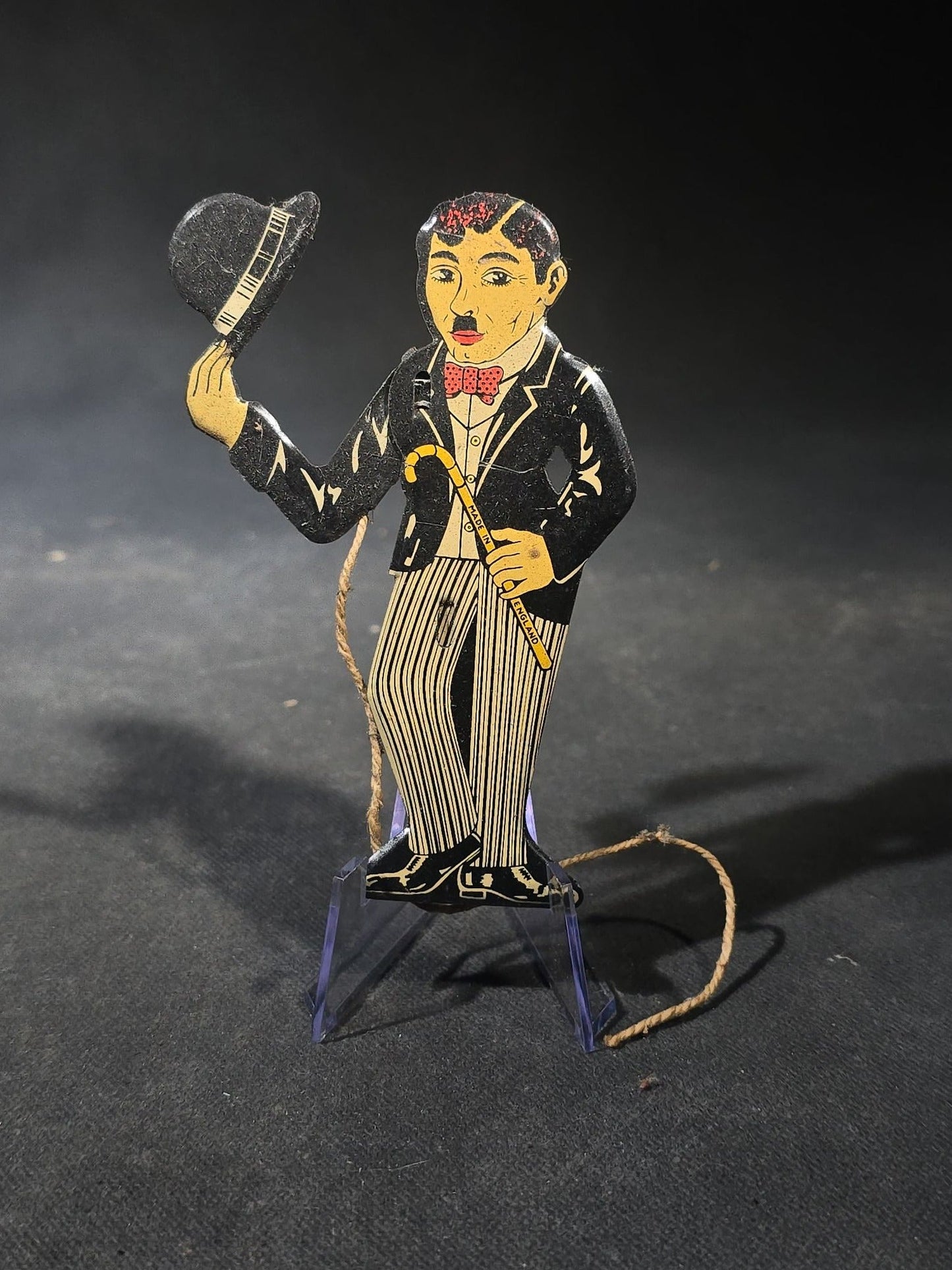 Antique Tin Lithograph Charlie Chaplin "The Tramp" Figural String-Operated Toy with Hat-Tipping Action, Made in England