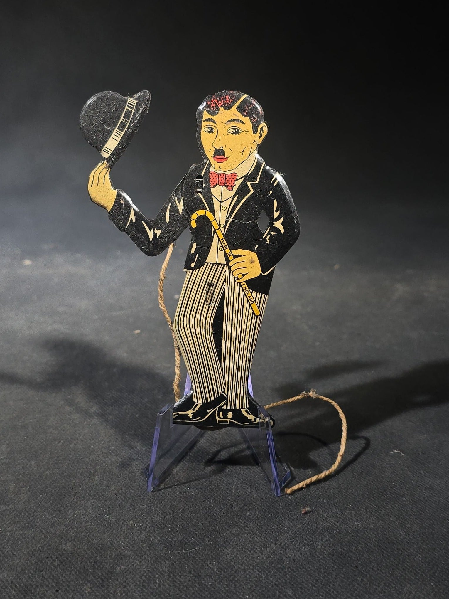 Antique Tin Lithograph Charlie Chaplin "The Tramp" Figural String-Operated Toy with Hat-Tipping Action, Made in England