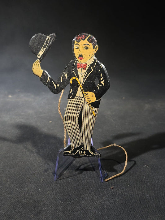 Antique Tin Lithograph Charlie Chaplin "The Tramp" Figural String-Operated Toy with Hat-Tipping Action, Made in England