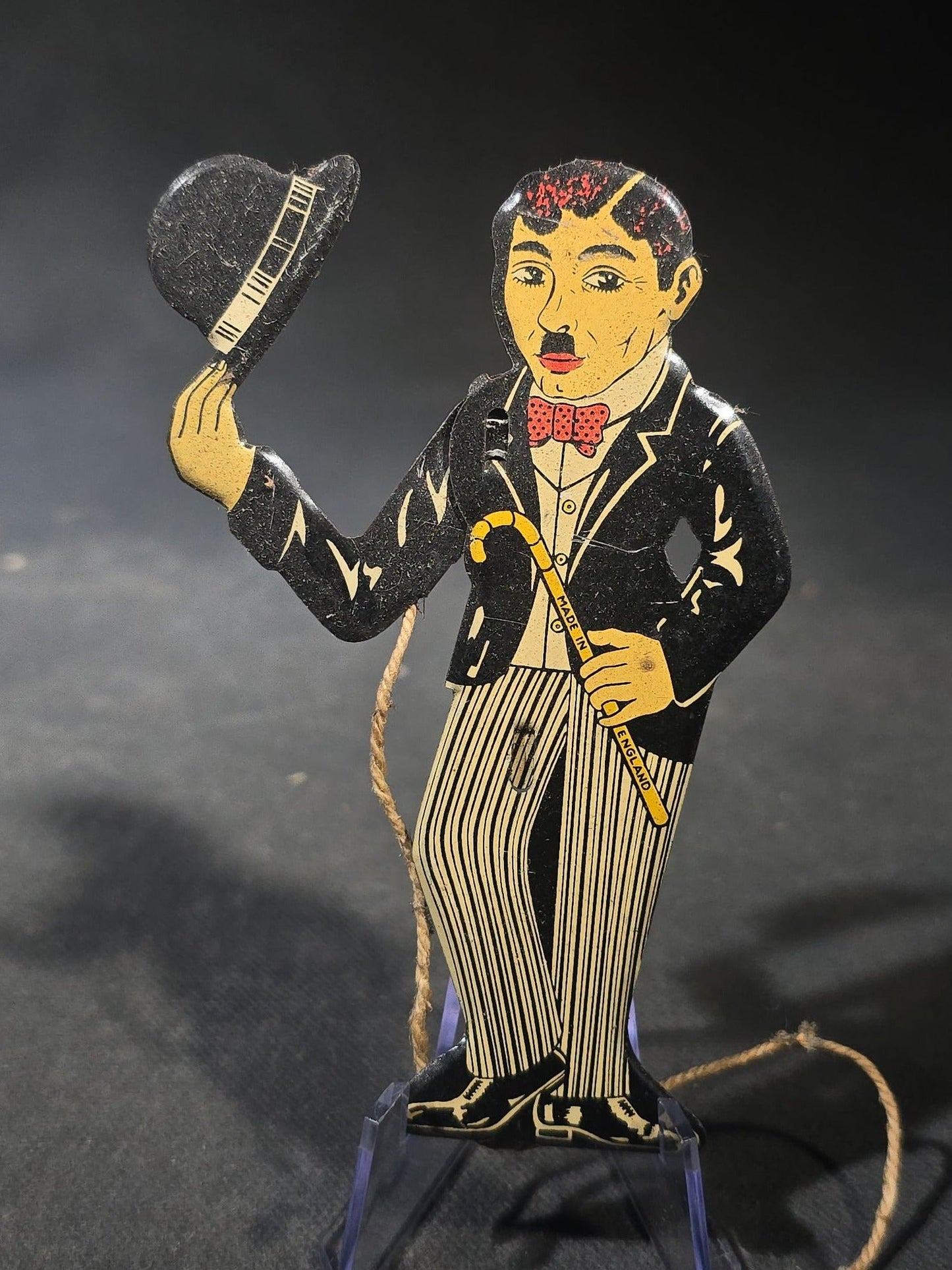 Antique Tin Lithograph Charlie Chaplin "The Tramp" Figural String-Operated Toy with Hat-Tipping Action, Made in England