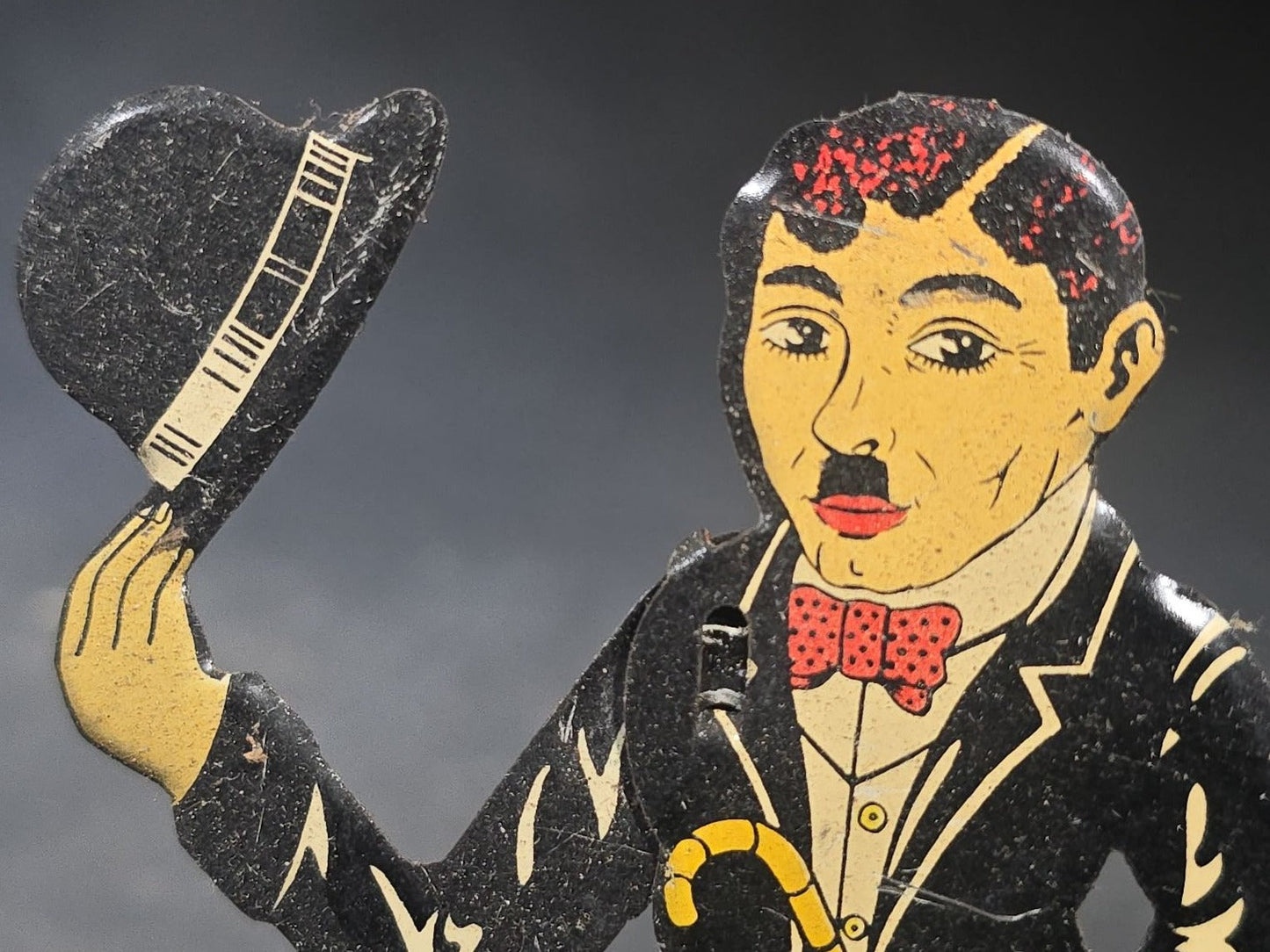 Antique Tin Lithograph Charlie Chaplin "The Tramp" Figural String-Operated Toy with Hat-Tipping Action, Made in England