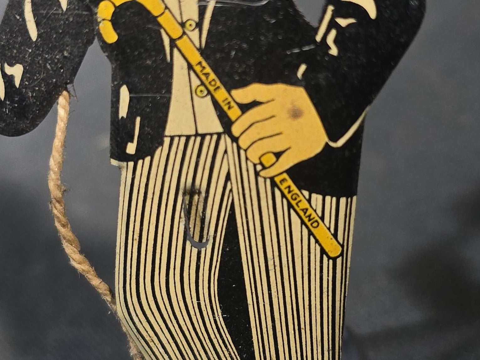 Antique Tin Lithograph Charlie Chaplin "The Tramp" Figural String-Operated Toy with Hat-Tipping Action, Made in England