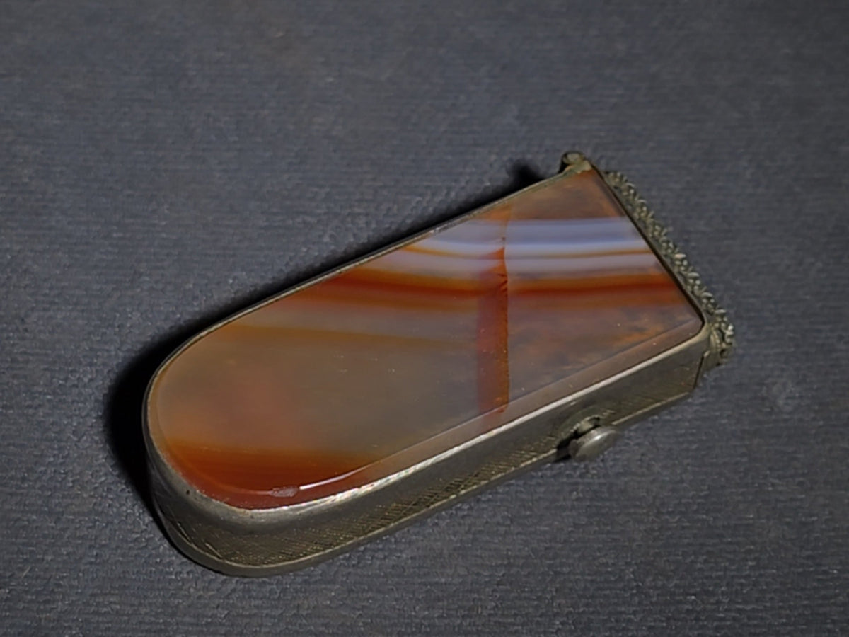 Vintage Banded Agate Match Safe with Metal Frame and Striker