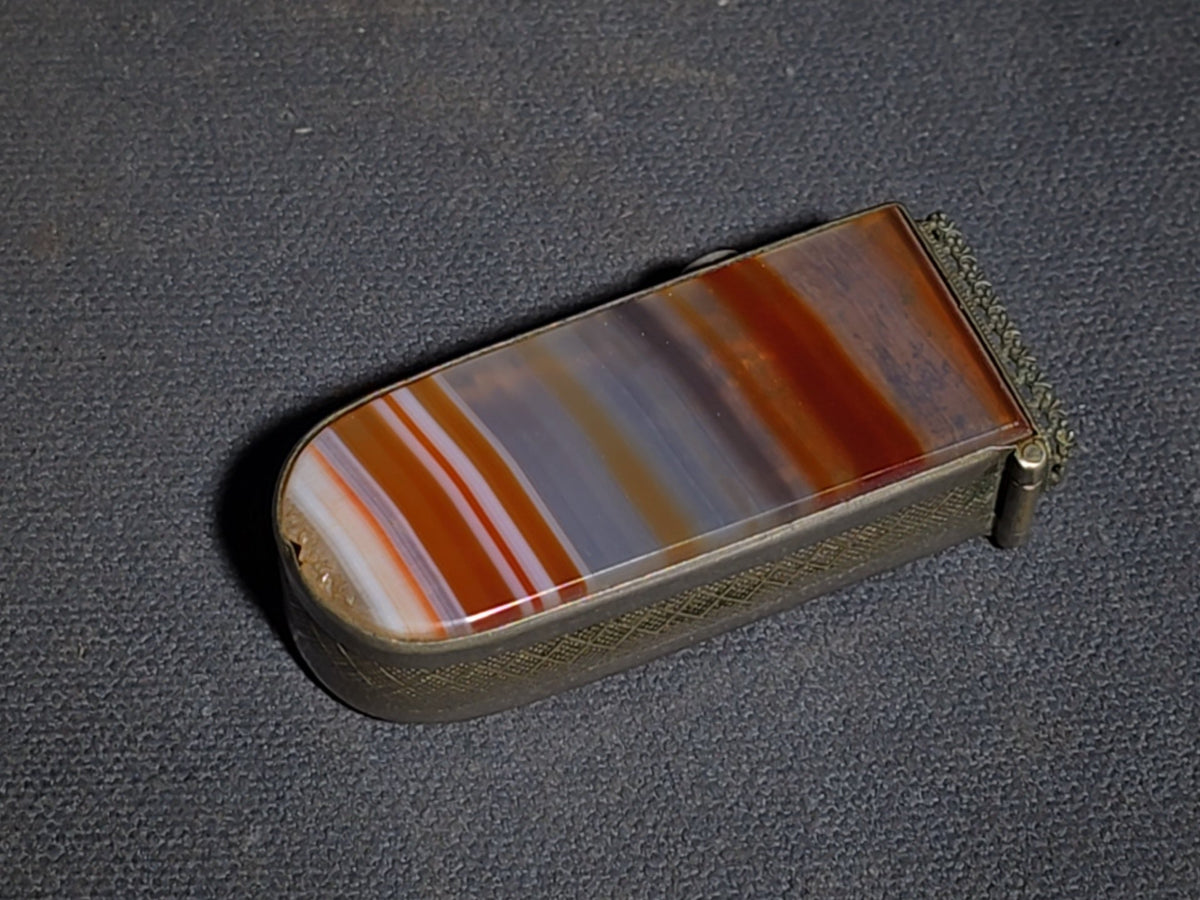 Vintage Banded Agate Match Safe with Metal Frame and Striker