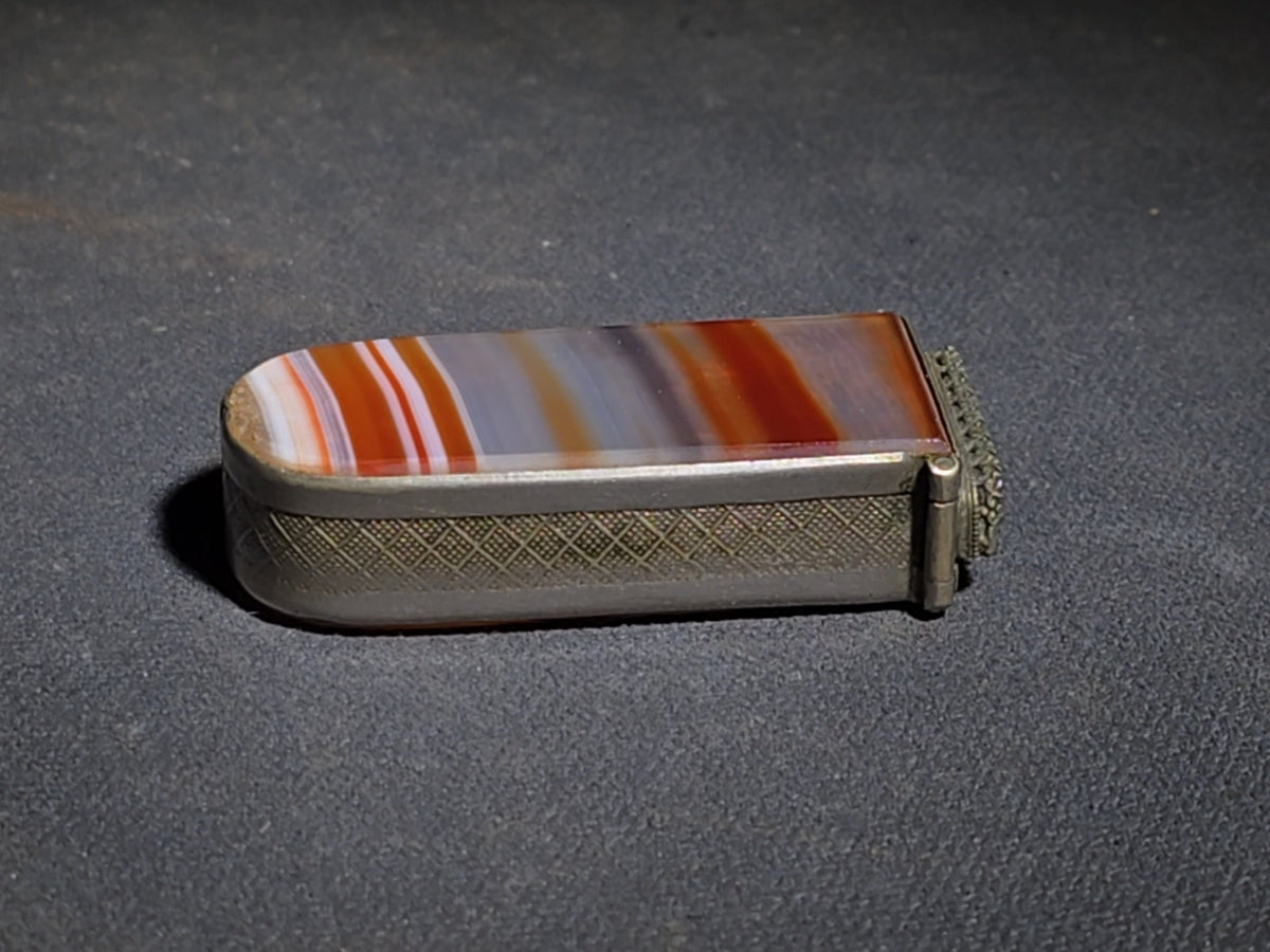 Vintage Banded Agate Match Safe with Metal Frame and Striker