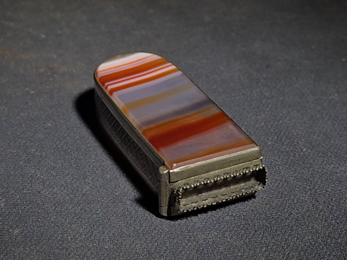 Vintage Banded Agate Match Safe with Metal Frame and Striker