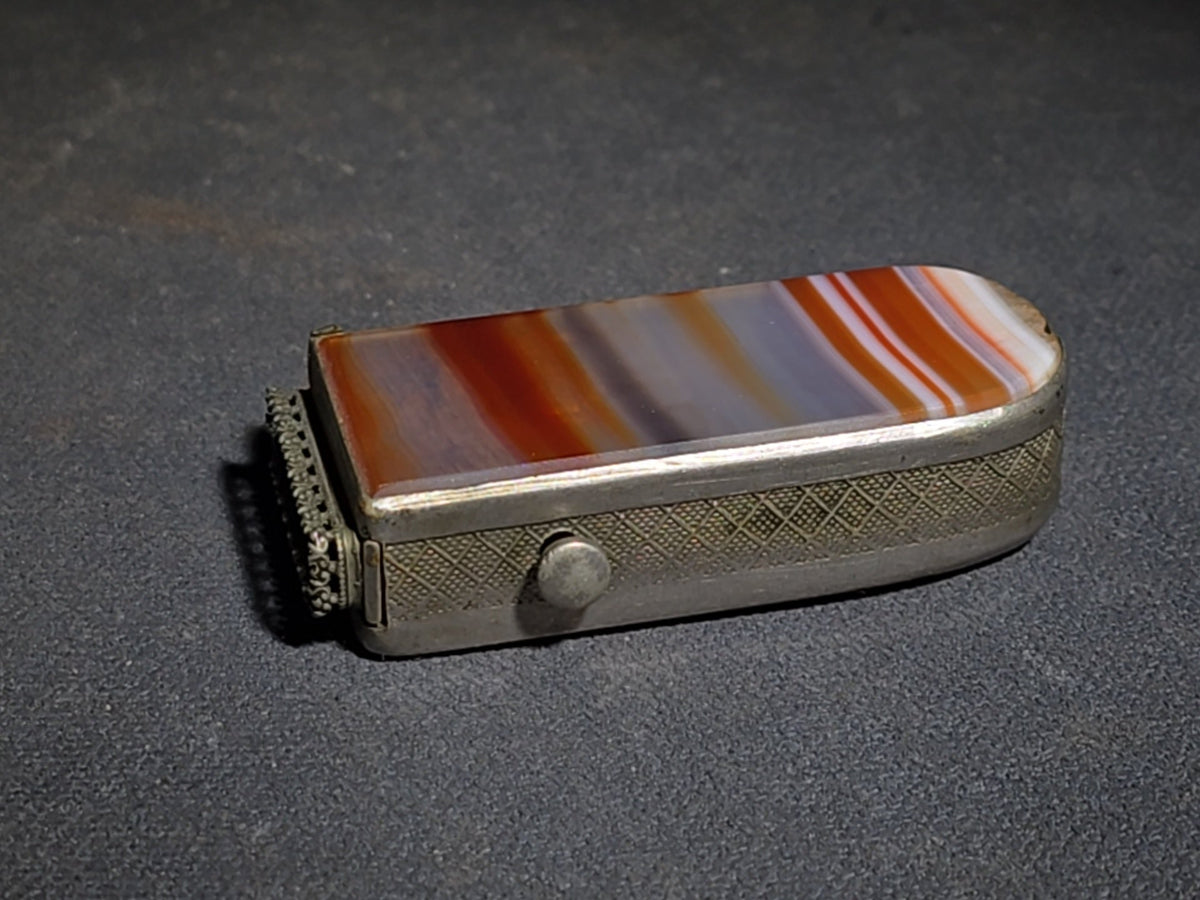 Vintage Banded Agate Match Safe with Metal Frame and Striker
