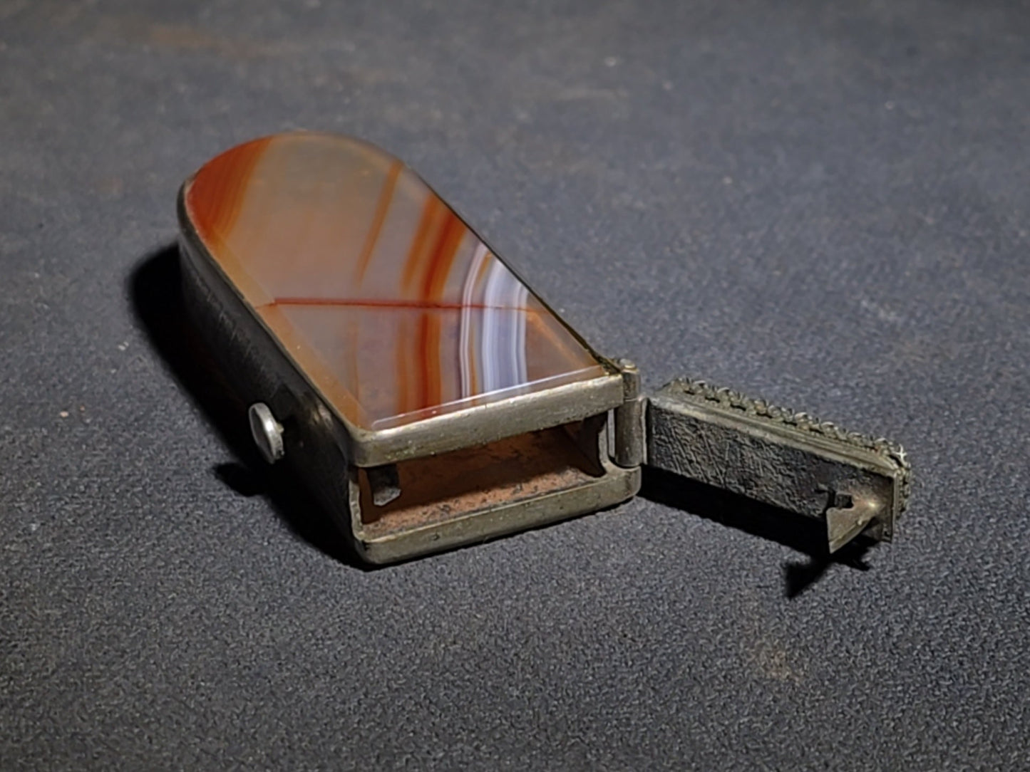 Vintage Banded Agate Match Safe with Metal Frame and Striker