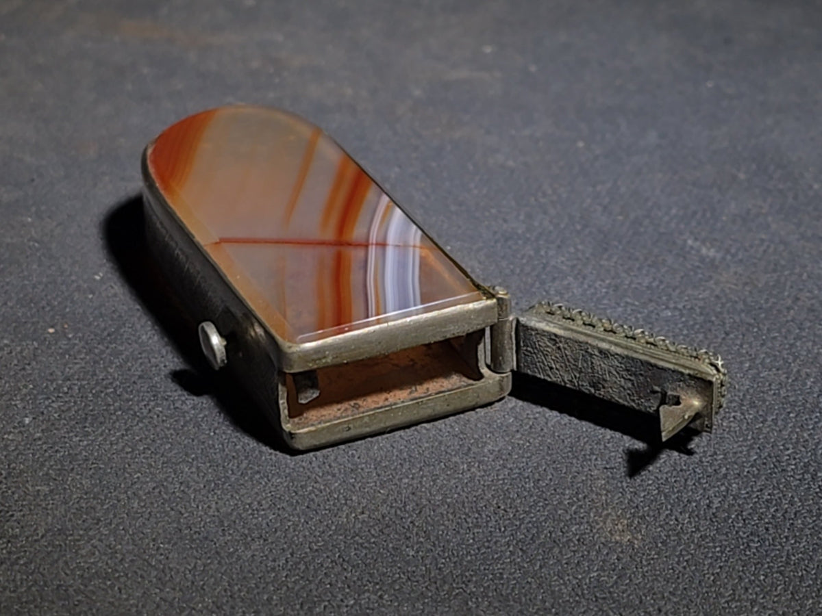 Vintage Banded Agate Match Safe with Metal Frame and Striker