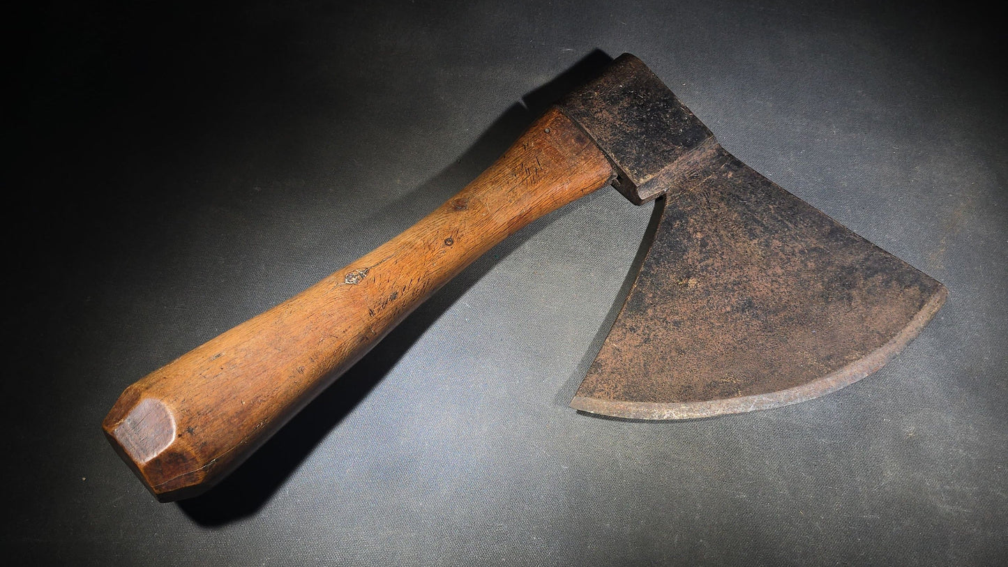 Antique French Broad Hatchet with Wood Handle, Stamped Perpignan, France