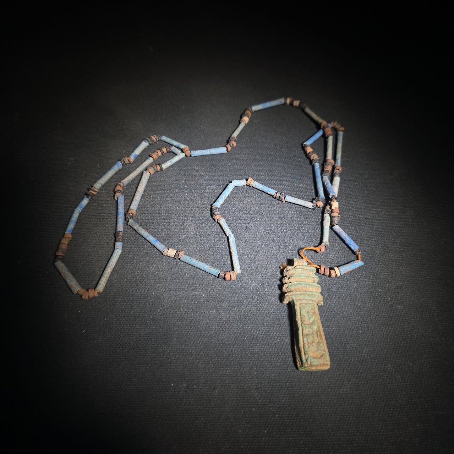 Vintage Egyptian Revival Reproduction Faience Bead Necklace with Djed Pillar Amulet Pendant