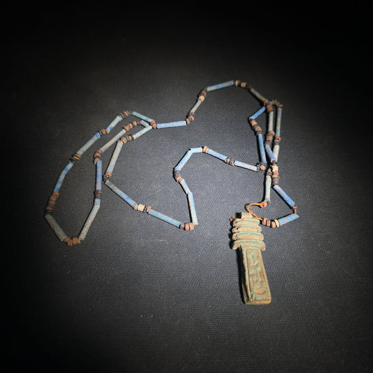 Vintage Egyptian Revival Reproduction Faience Bead Necklace with Djed Pillar Amulet Pendant