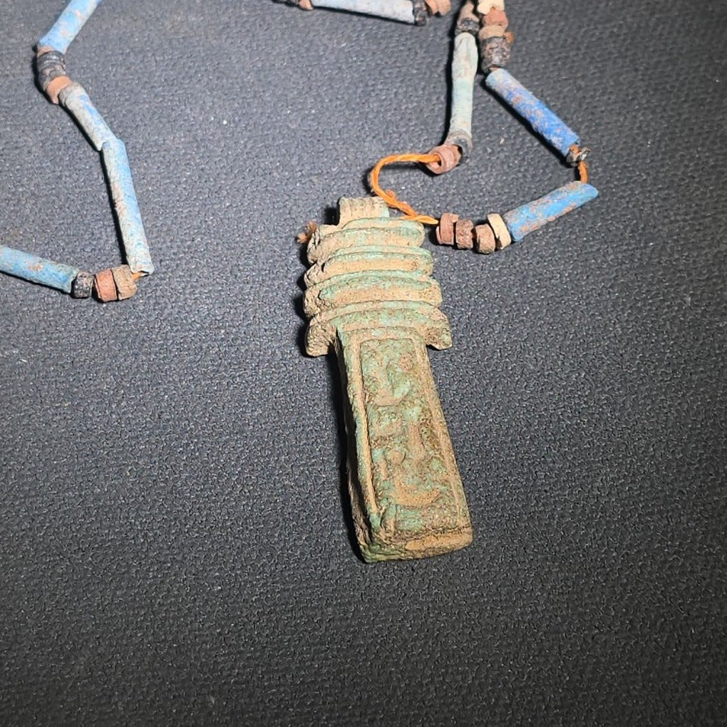 Vintage Egyptian Revival Reproduction Faience Bead Necklace with Djed Pillar Amulet Pendant