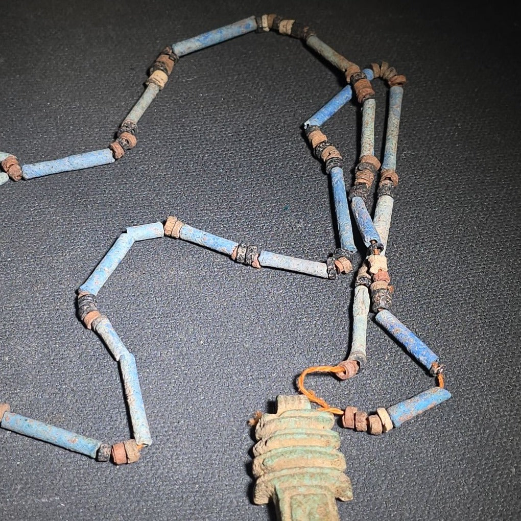 Vintage Egyptian Revival Reproduction Faience Bead Necklace with Djed Pillar Amulet Pendant