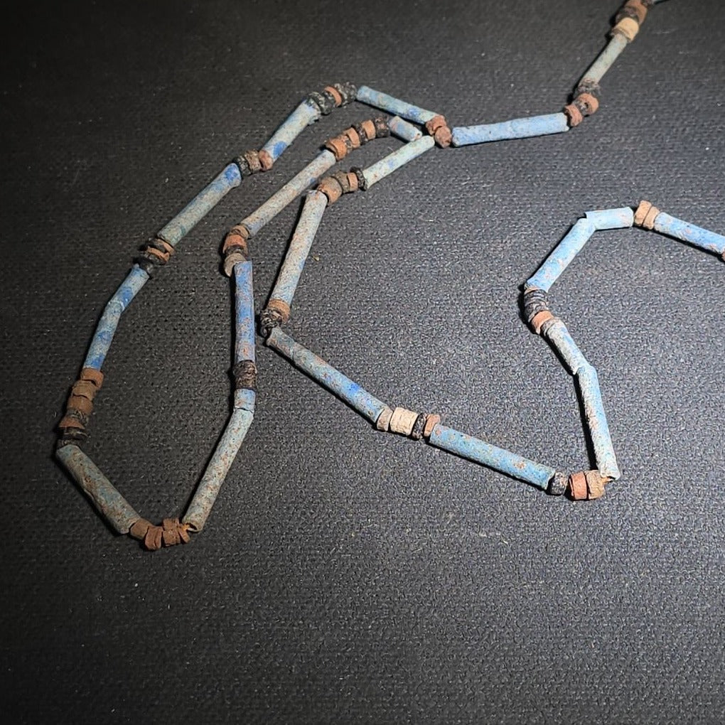 Vintage Egyptian Revival Reproduction Faience Bead Necklace with Djed Pillar Amulet Pendant