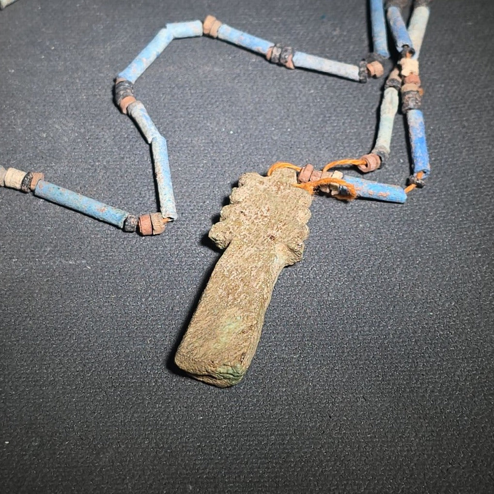 Vintage Egyptian Revival Reproduction Faience Bead Necklace with Djed Pillar Amulet Pendant