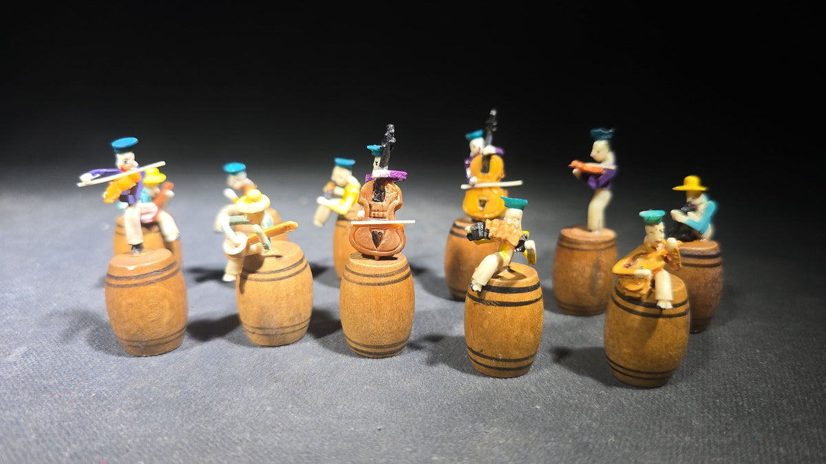 Grouping of 11 Vintage Miniature Hand-Painted Musician Figures Seated on Turned Wooden Barrels, Made in Japan, in Ys-By Wise-Buy Plastic Case