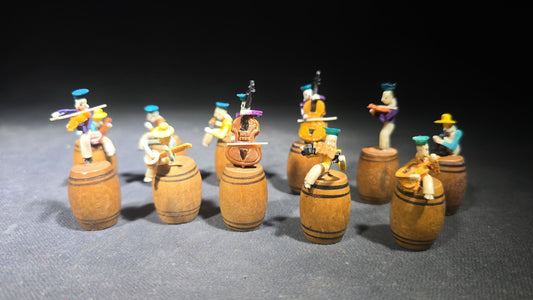 Grouping of 11 Vintage Miniature Hand-Painted Musician Figures Seated on Turned Wooden Barrels, Made in Japan, in Ys-By Wise-Buy Plastic Case