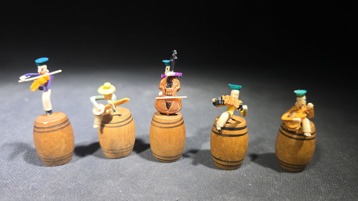 Grouping of 11 Vintage Miniature Hand-Painted Musician Figures Seated on Turned Wooden Barrels, Made in Japan, in Ys-By Wise-Buy Plastic Case
