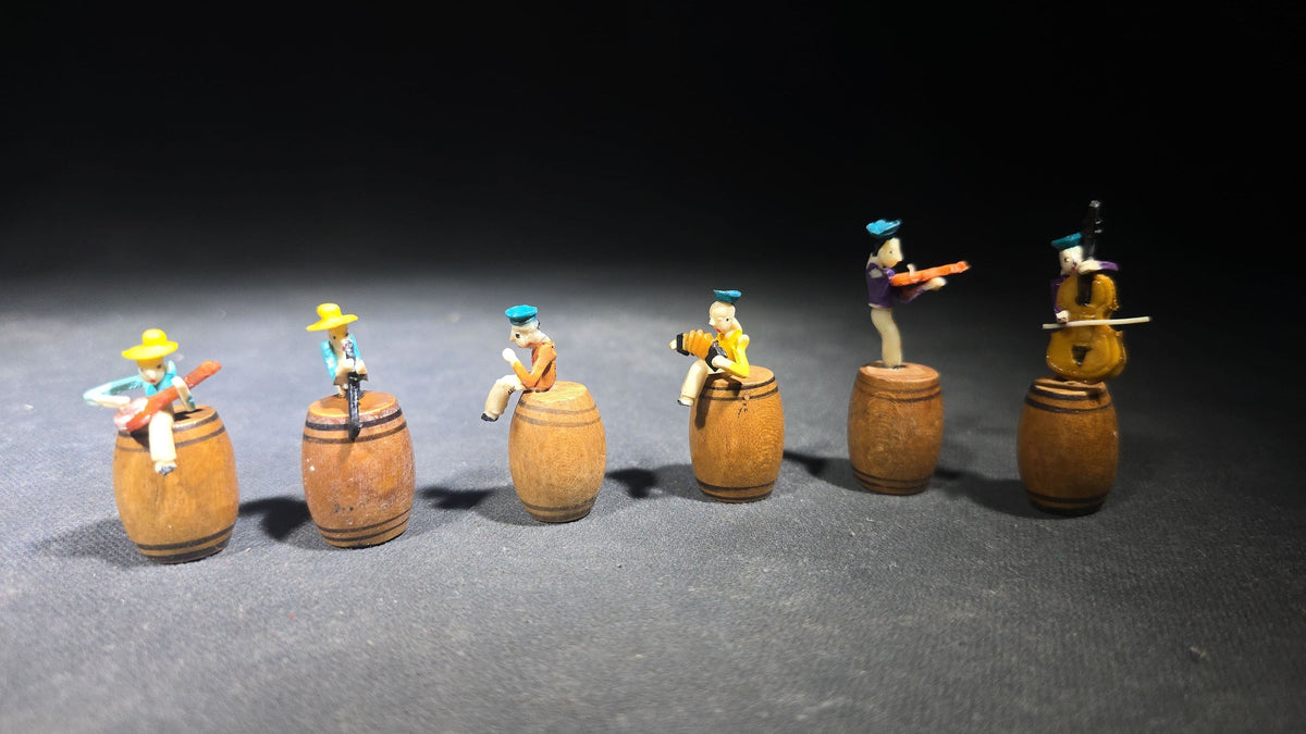 Grouping of 11 Vintage Miniature Hand-Painted Musician Figures Seated on Turned Wooden Barrels, Made in Japan, in Ys-By Wise-Buy Plastic Case