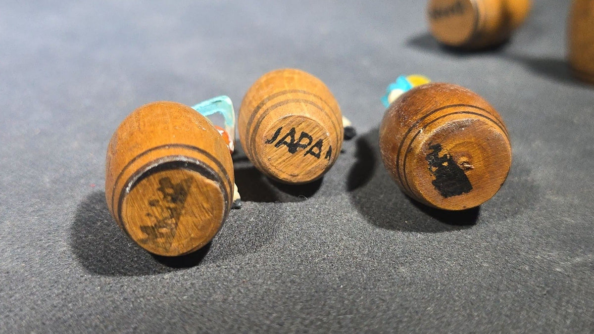 Grouping of 11 Vintage Miniature Hand-Painted Musician Figures Seated on Turned Wooden Barrels, Made in Japan, in Ys-By Wise-Buy Plastic Case