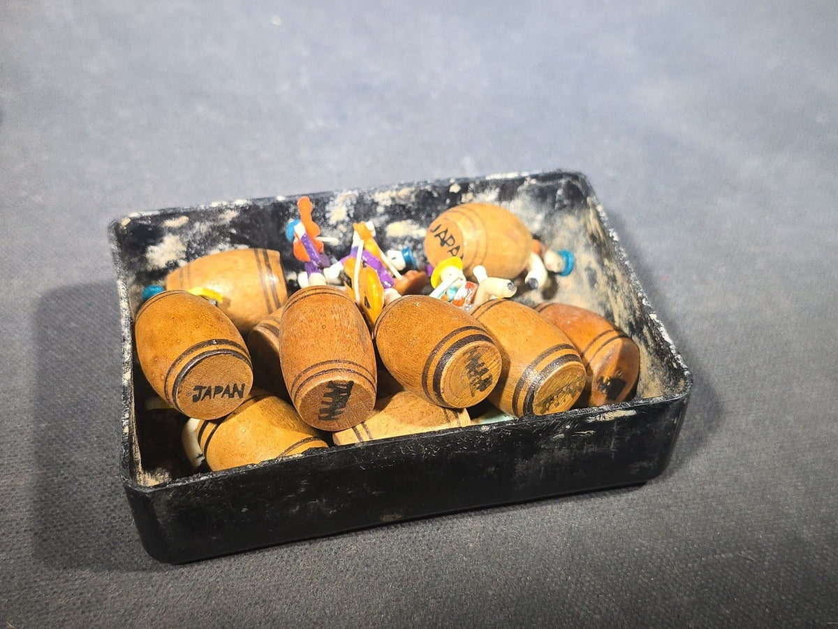 Grouping of 11 Vintage Miniature Hand-Painted Musician Figures Seated on Turned Wooden Barrels, Made in Japan, in Ys-By Wise-Buy Plastic Case