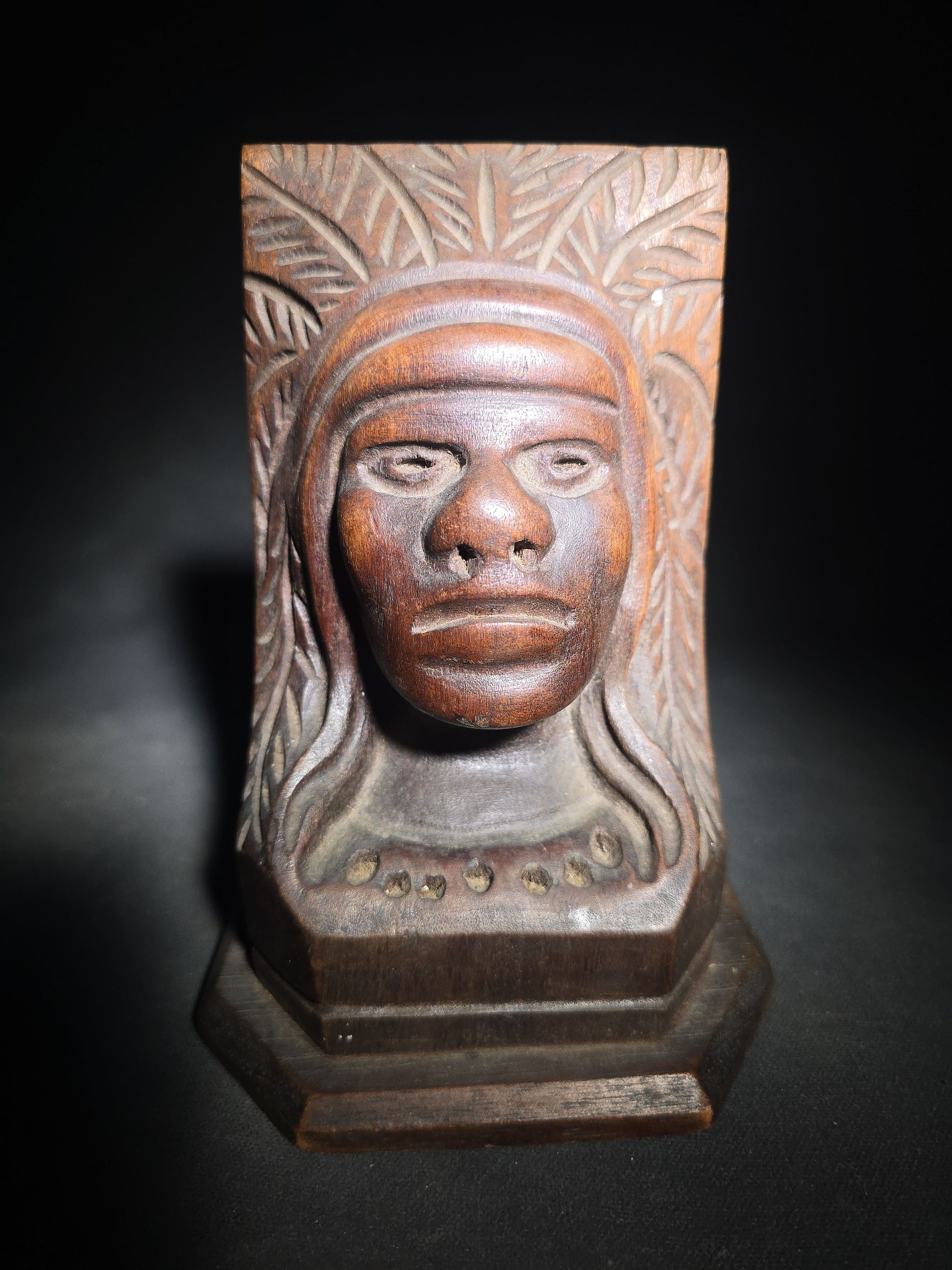 Vintage Carved Wood Native American Bookend with Feathered Headdress