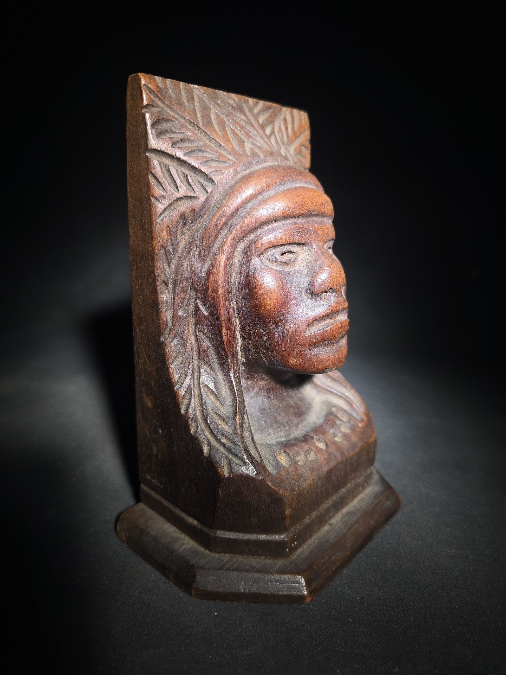 Vintage Carved Wood Native American Bookend with Feathered Headdress