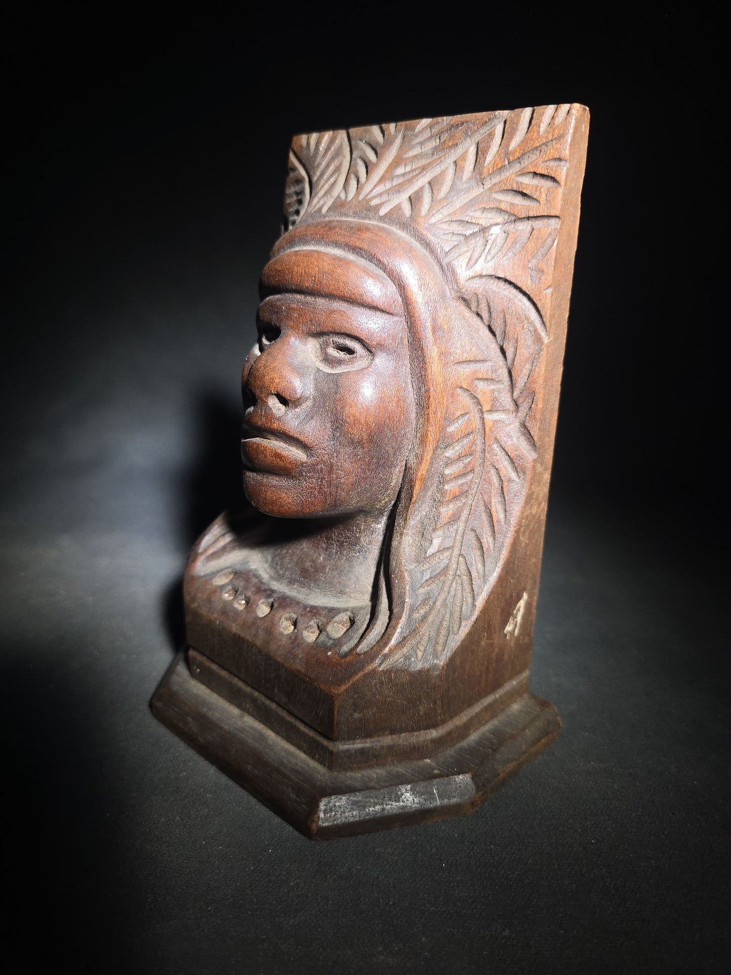 Vintage Carved Wood Native American Bookend with Feathered Headdress