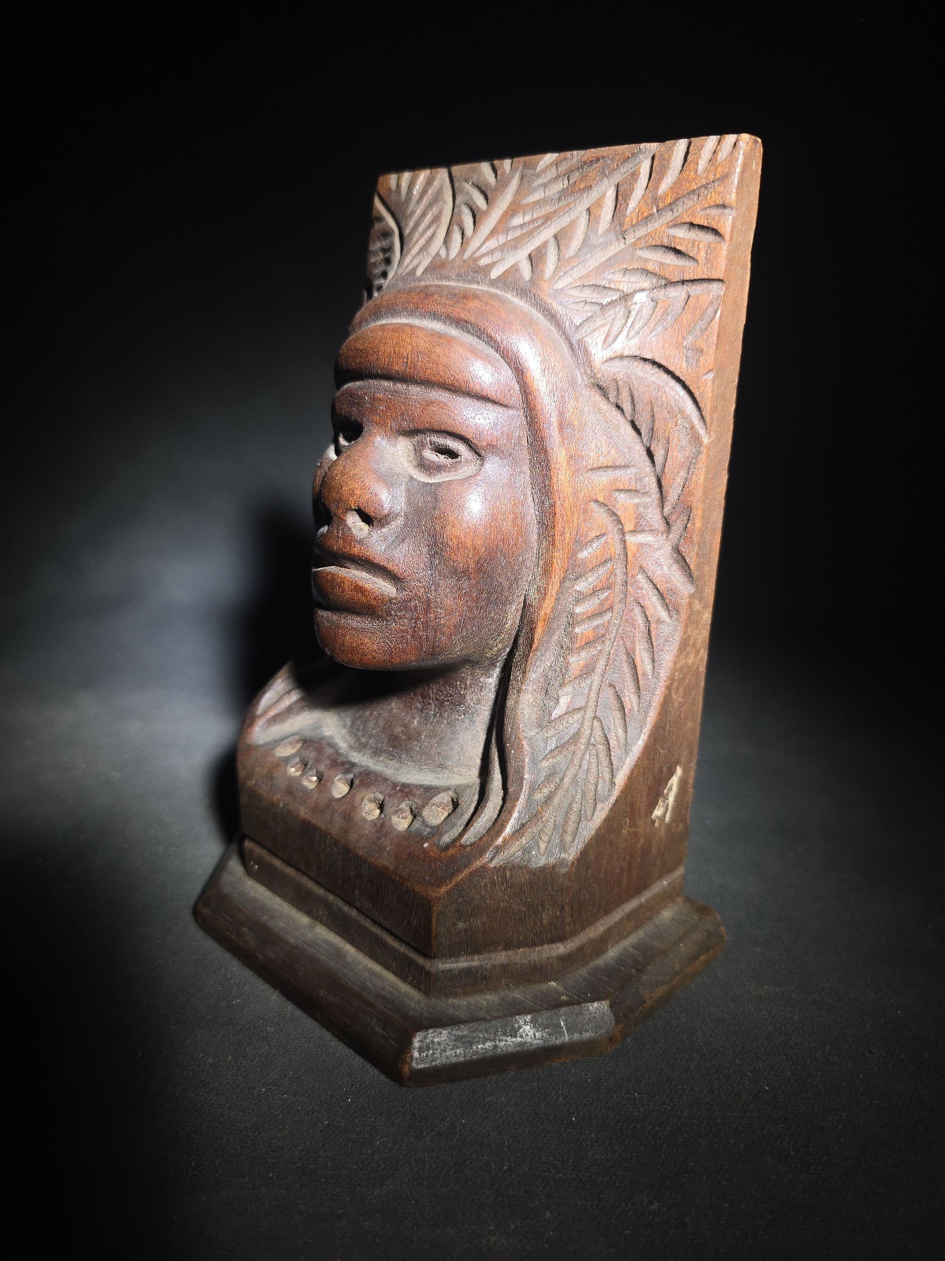 Vintage Carved Wood Native American Bookend with Feathered Headdress