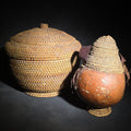 Lot 132 - Pair of Vintage Woven Baskets Including a Gourd Vessel with Leather Strap and Woven Stopper and a Coiled Lidded Basket