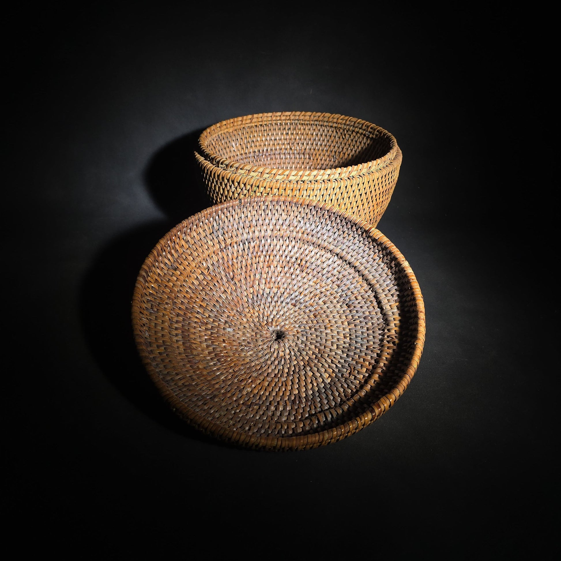 Pair of Vintage Woven Baskets including a Gourd Vessel with Leather Strap and Woven Stopper and a Coiled Lidded Basket