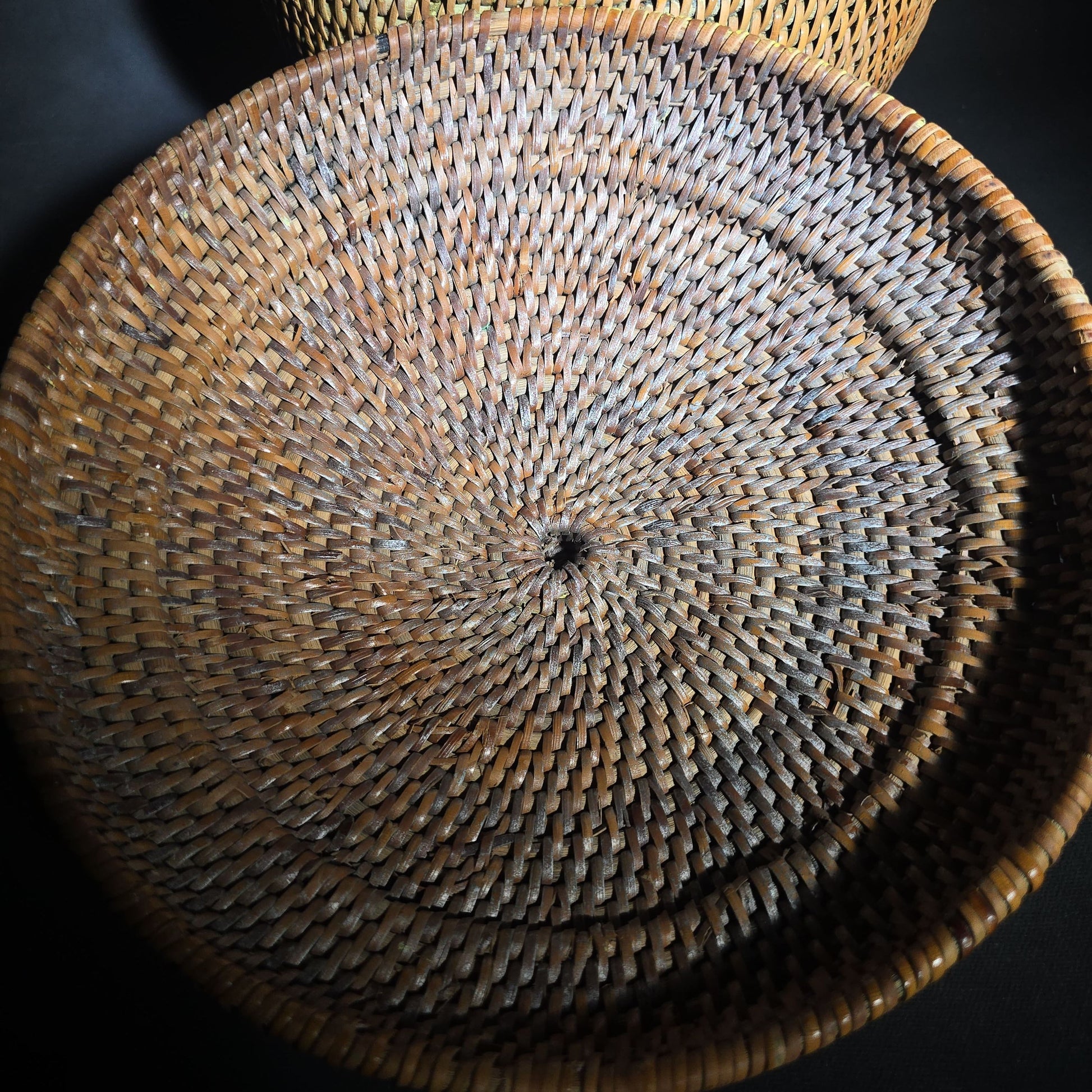 Pair of Vintage Woven Baskets including a Gourd Vessel with Leather Strap and Woven Stopper and a Coiled Lidded Basket