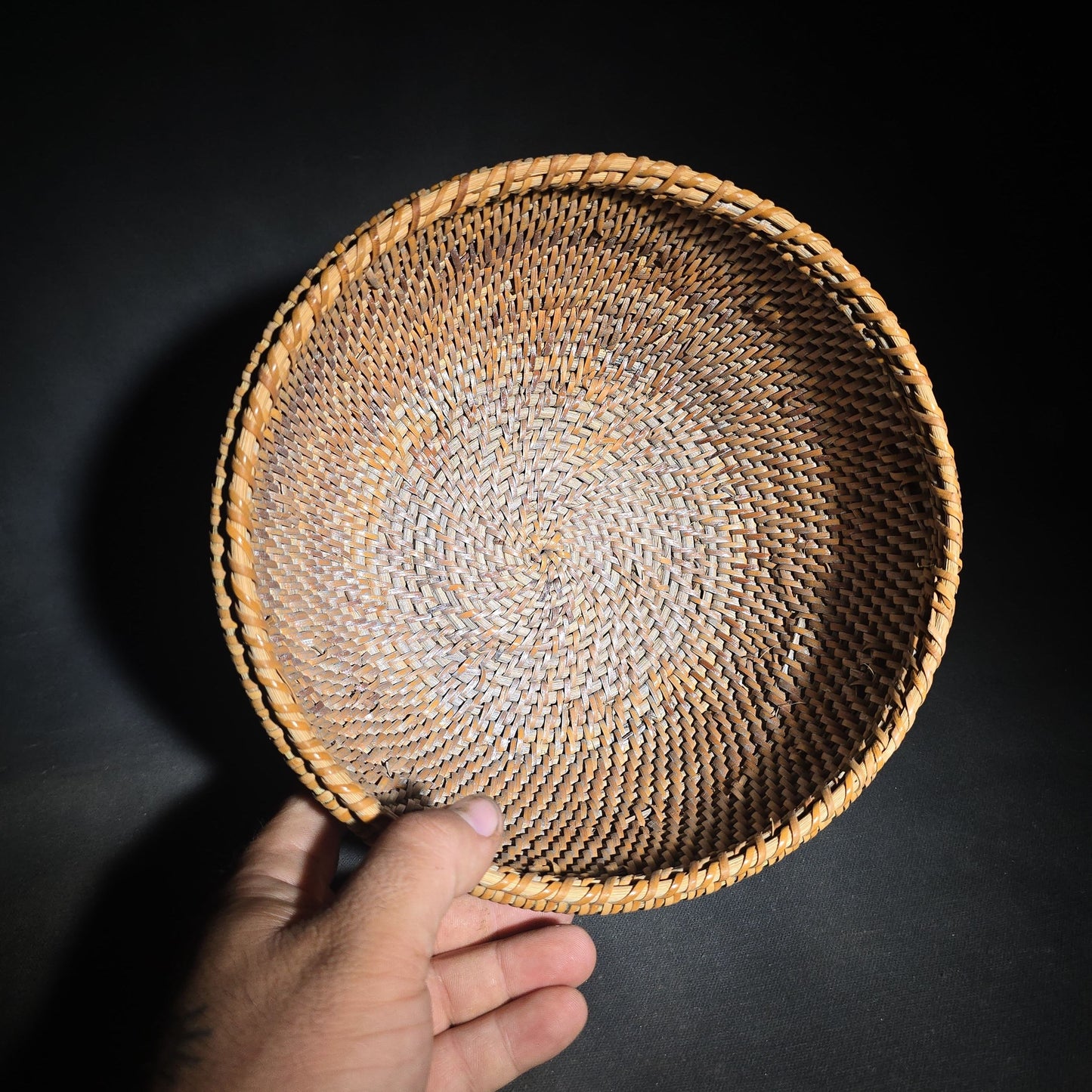 Pair of Vintage Woven Baskets including a Gourd Vessel with Leather Strap and Woven Stopper and a Coiled Lidded Basket