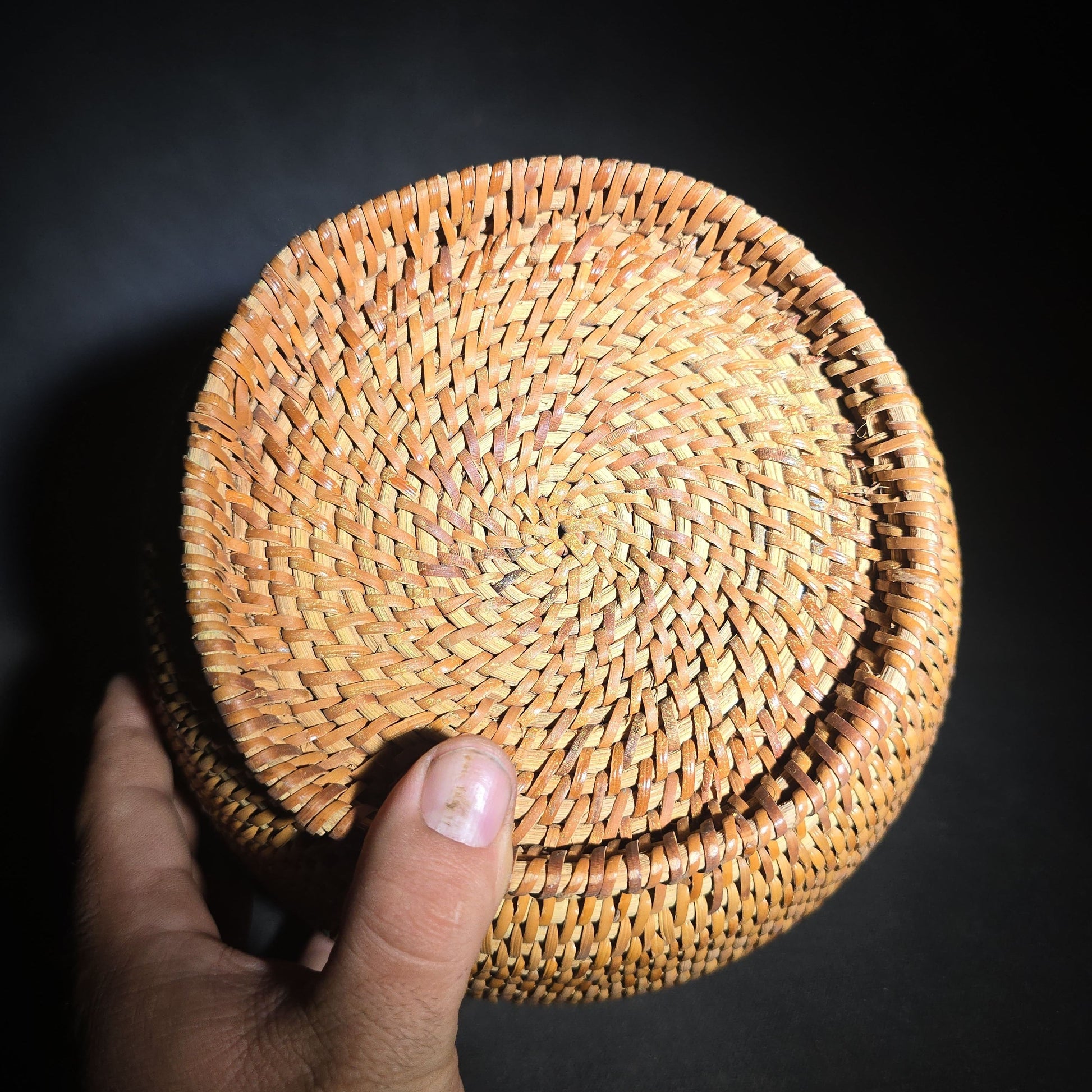 Pair of Vintage Woven Baskets including a Gourd Vessel with Leather Strap and Woven Stopper and a Coiled Lidded Basket