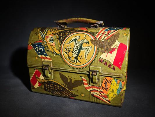 Vintage Tin Dome-Top Lunch Box with Faux Decoupage Americana and New England Travel Graphics including Eagles, State Pennants, Maps, and Flags