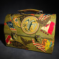 Lot 133 - Vintage Tin Dome-Top Lunch Box with Faux Decoupage Americana and New England Travel Graphics Including Eagles, State Pennants, Maps, and Flags