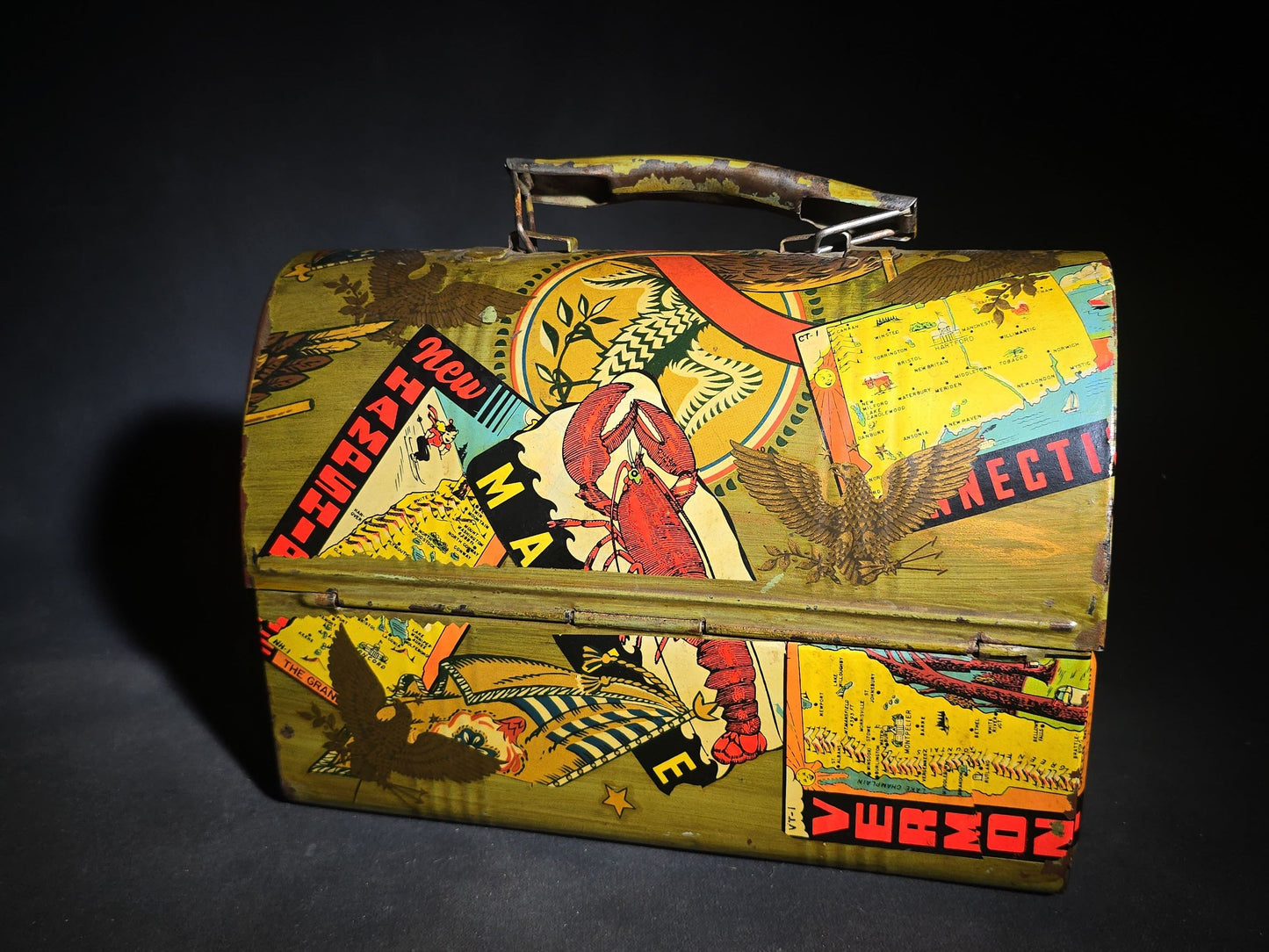 Vintage Tin Dome-Top Lunch Box with Faux Decoupage Americana and New England Travel Graphics including Eagles, State Pennants, Maps, and Flags