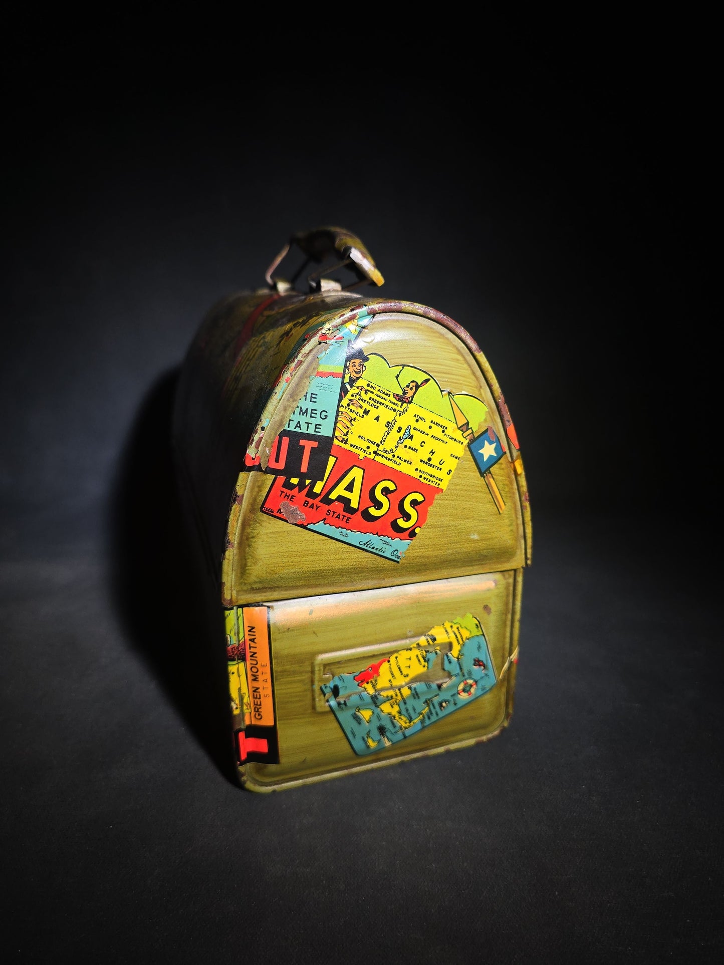 Vintage Tin Dome-Top Lunch Box with Faux Decoupage Americana and New England Travel Graphics including Eagles, State Pennants, Maps, and Flags
